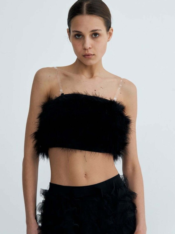 Fiora- cropped feather-trimmed camisole in black