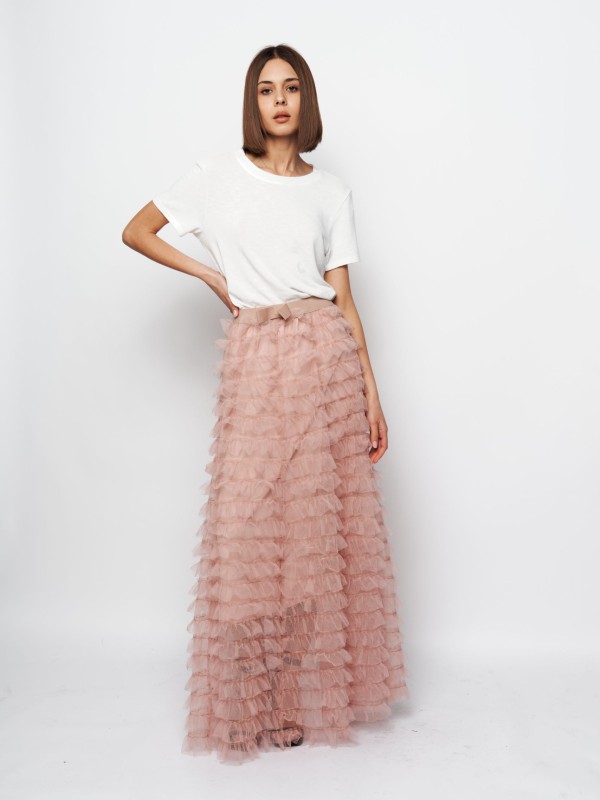 Arianna Layered Tulle Skirt In Nude