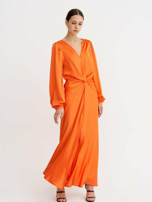 Desiree - Twist-front Satin Maxi Dress In Orange