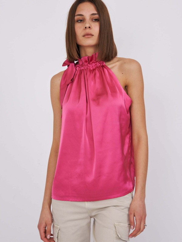Abby - Satin Halterneck Top Pale Hot Pink