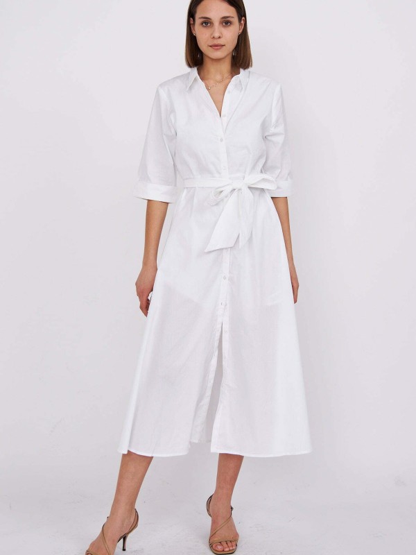 Destiny- Cotton Midi Shirt Dress In White