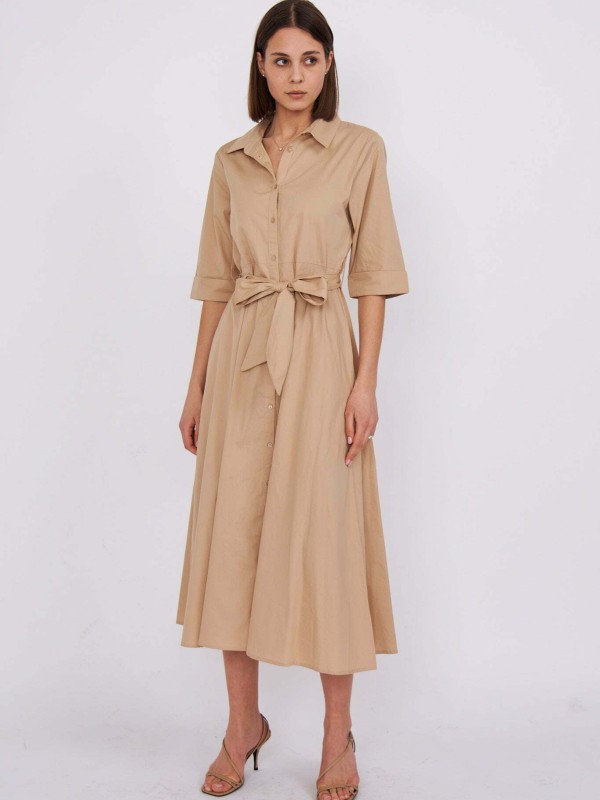 Destiny- Cotton Midi Shirt Dress In Beige