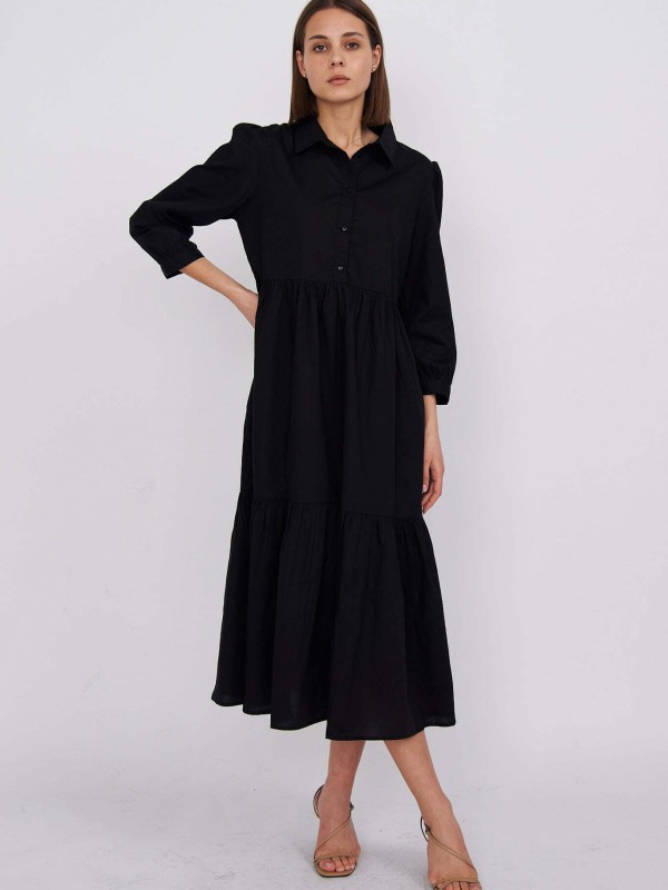 Chiara - tiered  cotton midi shirt dress in black