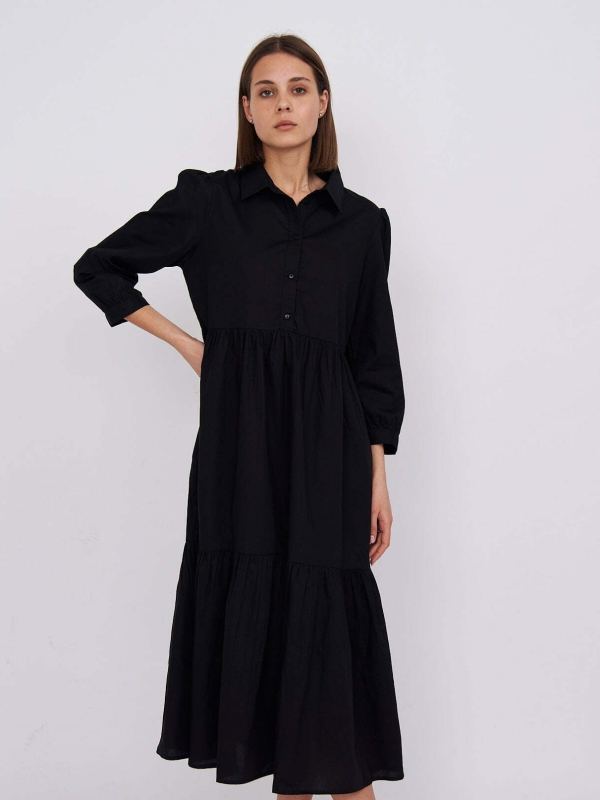 Chiara - tiered  cotton midi shirt dress in black