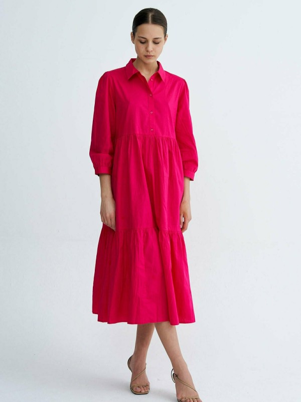 Chiara - tiered  cotton midi shirt dress in pink