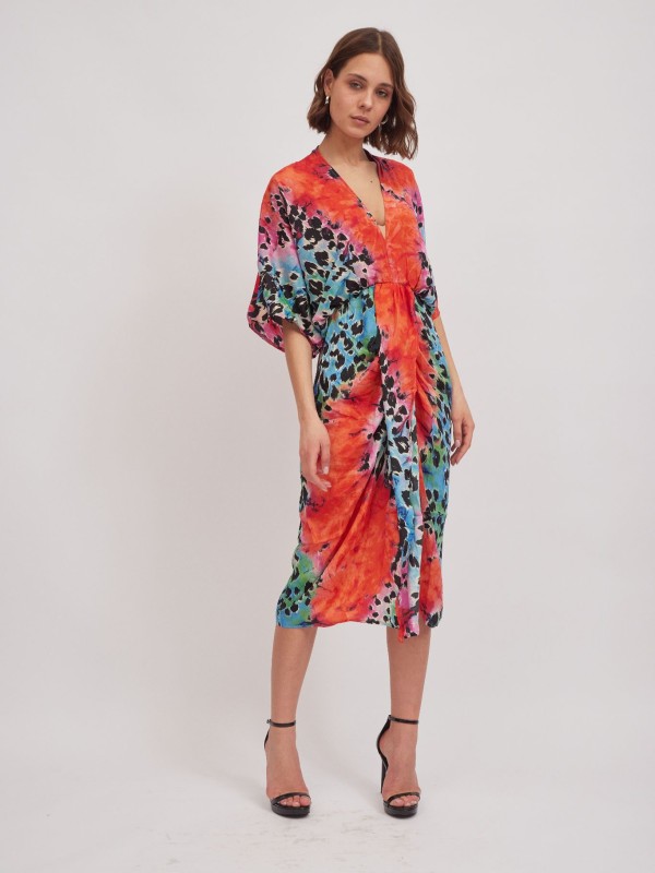 Denise- twist wrap midi dress with front split in orange leopard