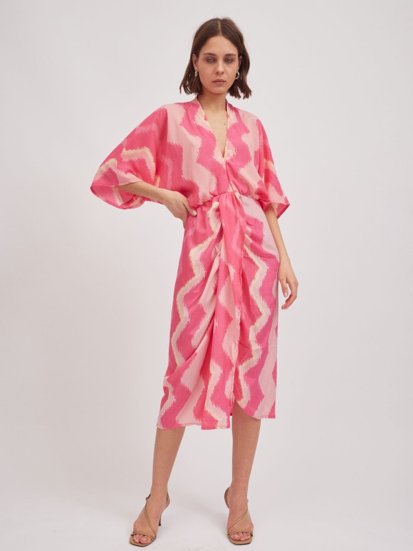 Denise- twist wrap midi dress with front split in pink zig zag