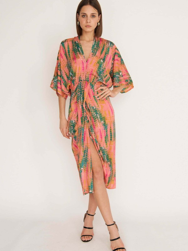 Denise- twist wrap midi dress with front split in peach