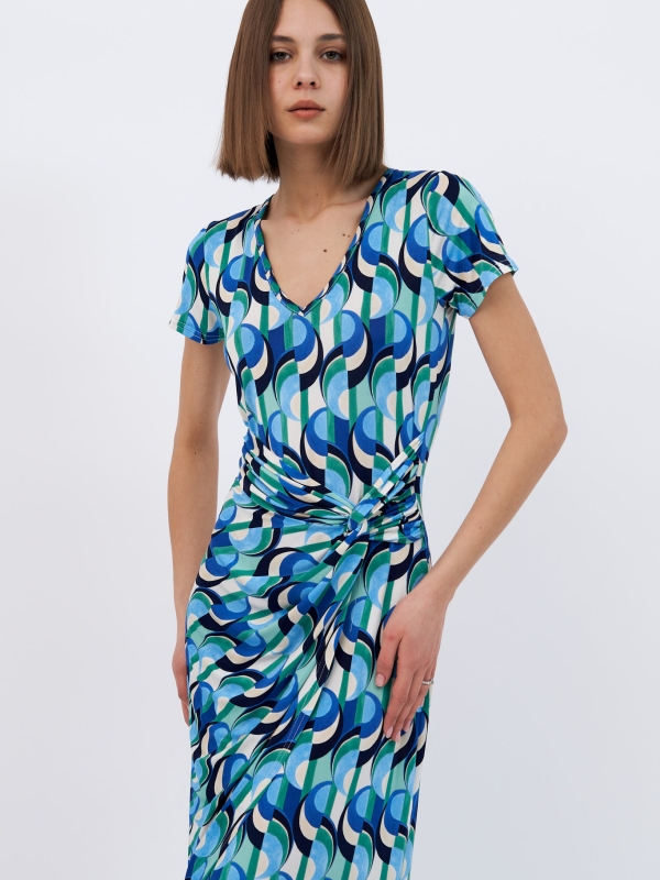Antonella - Wrap-effect gathered printed midi dress in blue aztec