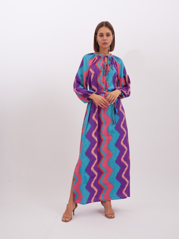 Harmony Printed Viscose Maxi Dress Chevron In Pink And Blue