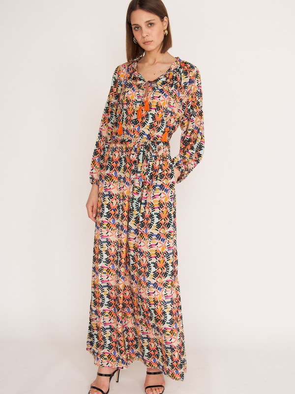 Harmony Printed Viscose Maxi Dress Oriental In Blue