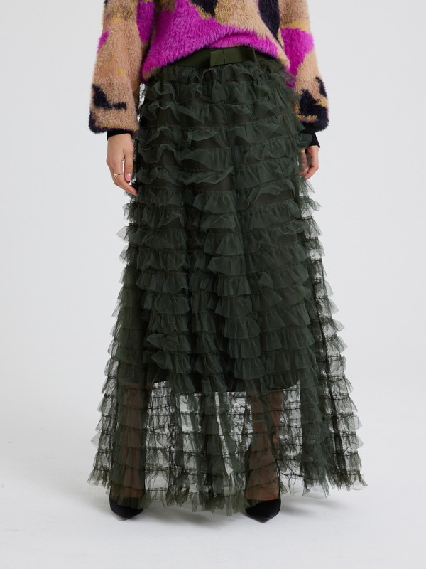Arianna Layered Tulle Skirt In Khaki