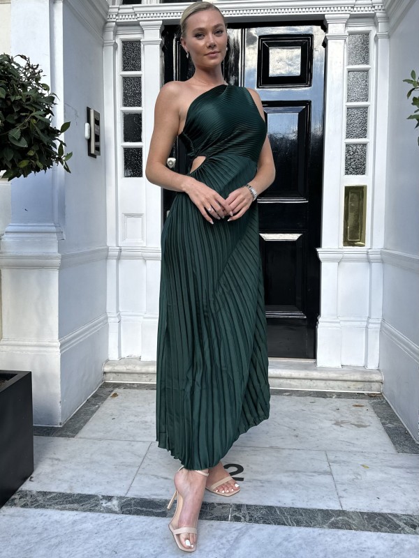 Charlotte - asymmetric pleated satin cut out midi dress in green