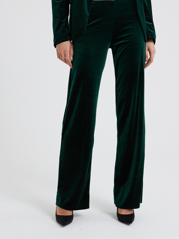 Gigi - Stretch Velvet Wide-Leg Pants In Bottle Green