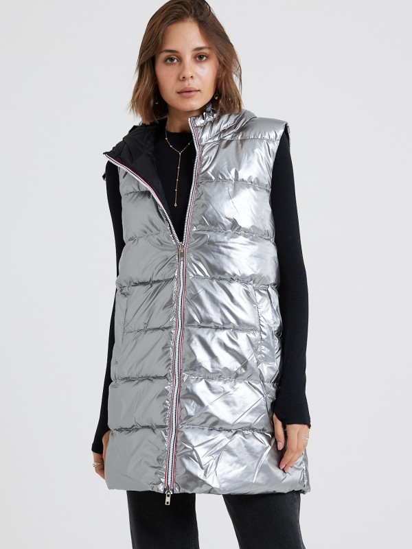 Genna - Puffer Gilet In Glossy Silver And Black