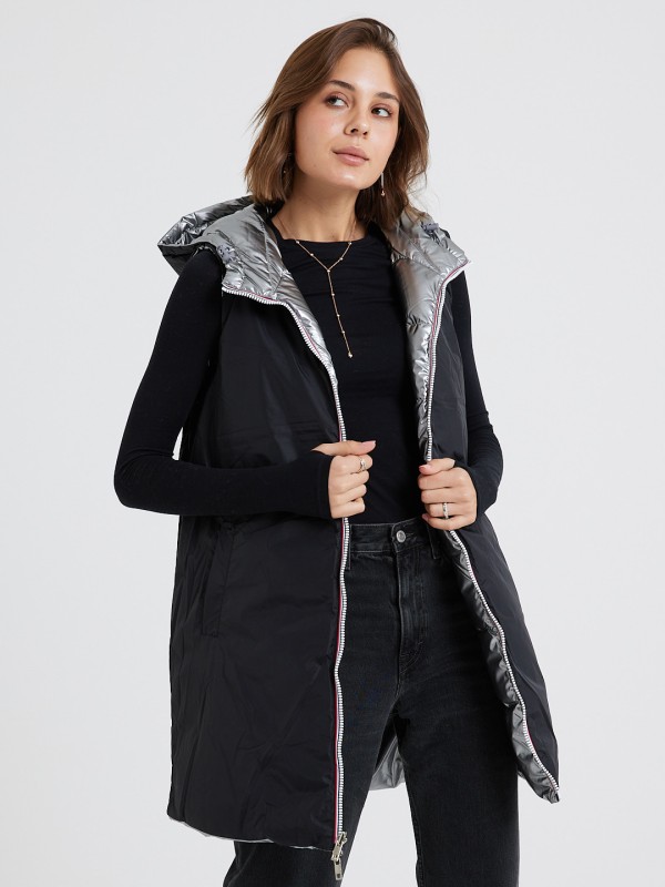 Genna - Puffer Gilet In Glossy Black And Silver