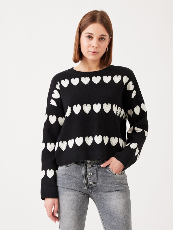 Millie - Heart Embellished Sweater in Black