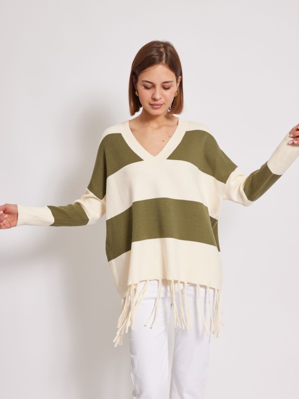Freya - Striped Fringe Detail Sweater In Khaki