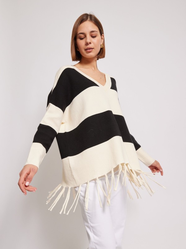 Freya - Striped Fringe Detail Sweater In Black