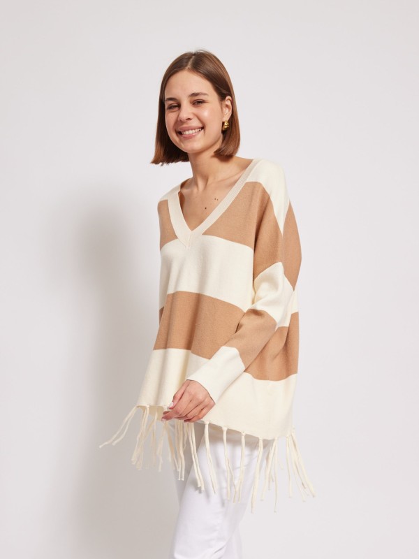 Freya - Striped Fringe Detail Sweater In Beige