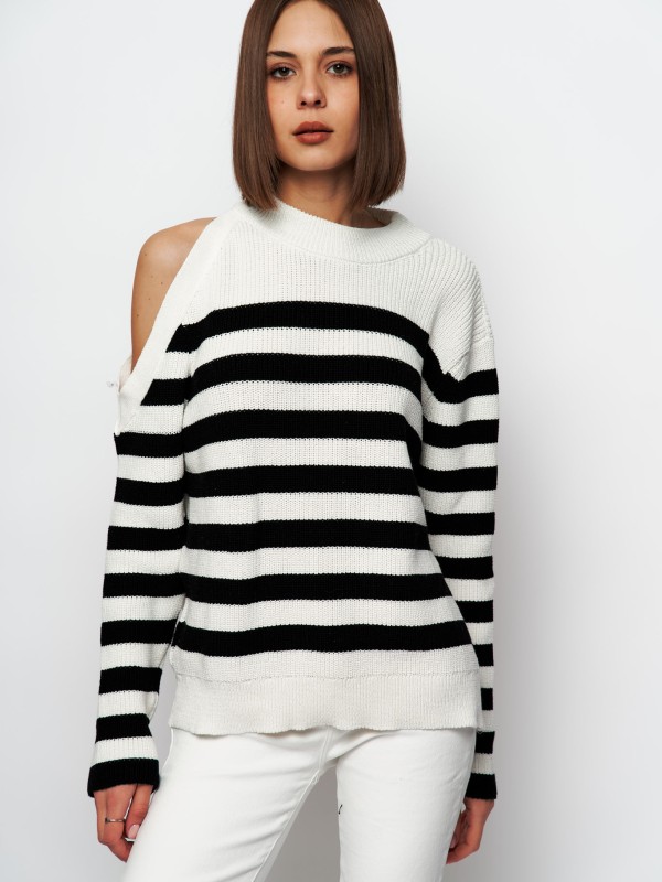 Grace- Breton Striped Sweater In Black And White