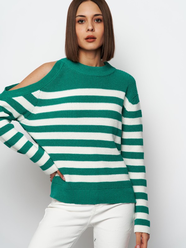 Grace- Breton Striped Sweater In Green And White