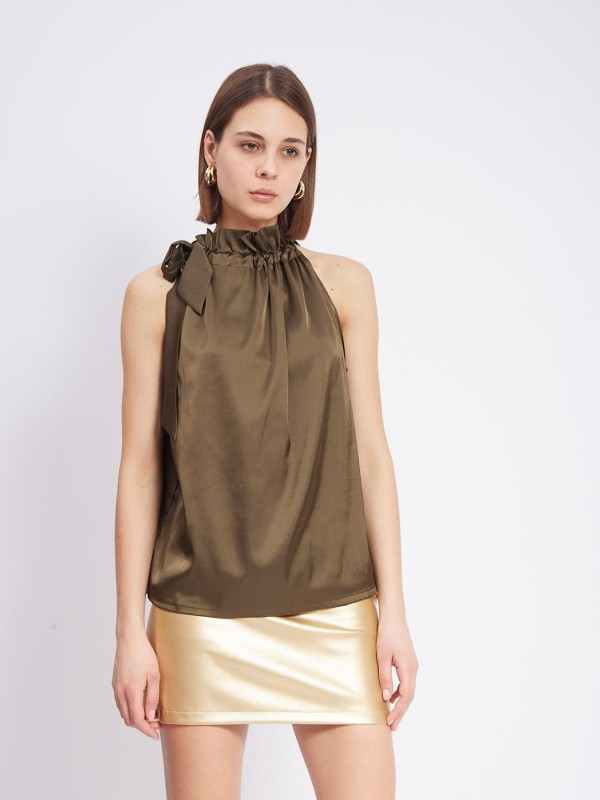 Abby -Satin Halterneck Top In Khaki
