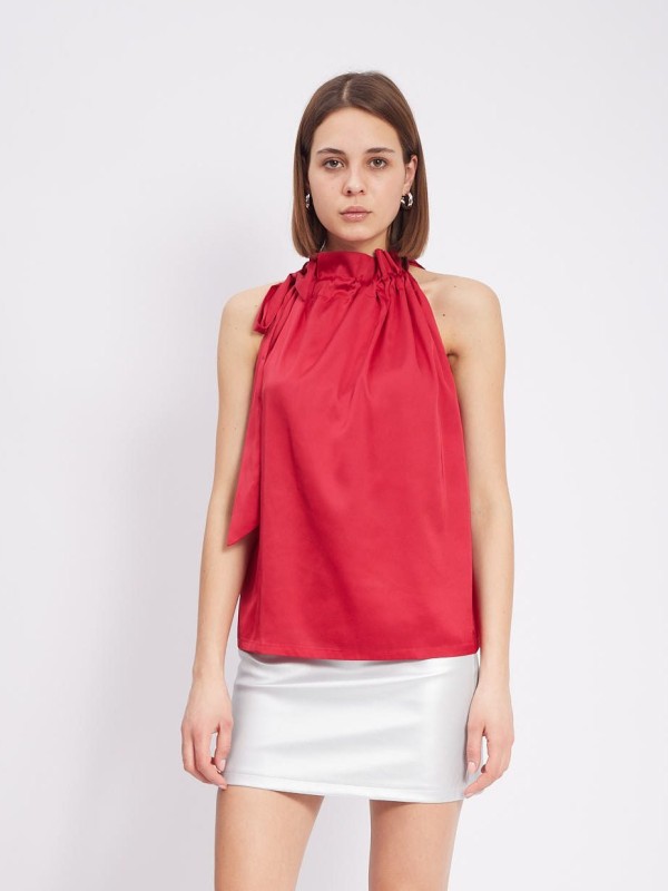 Abby - Leopard Satin Halterneck Top in red