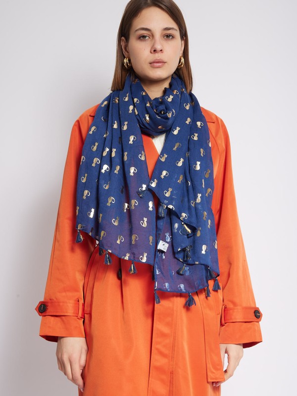 Cat - printed viscose scarf in navy blue