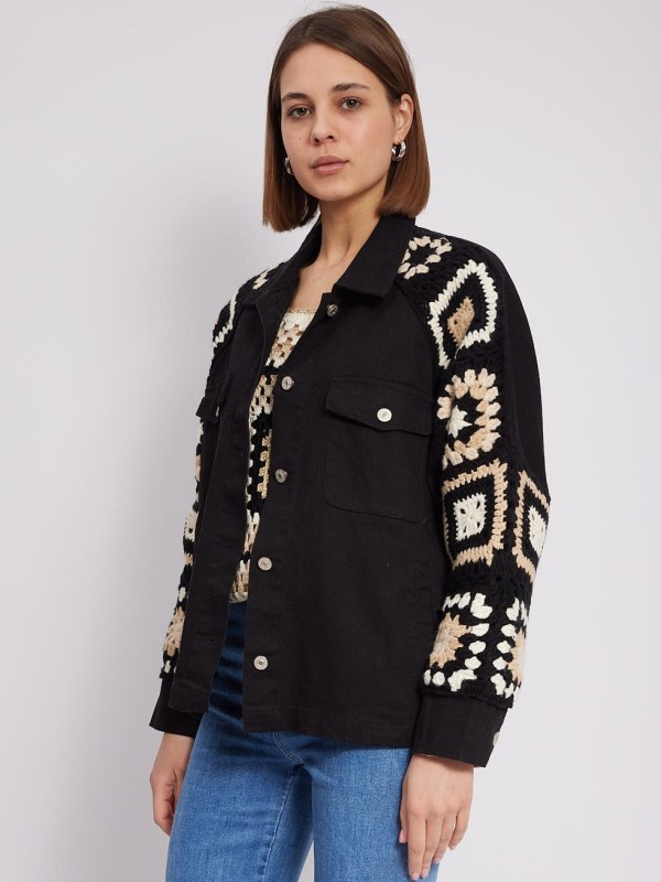 Dany - Cotton-Twill crochet jacket in black