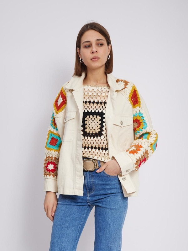 Dany - Cotton-Twill crochet jacket in cream