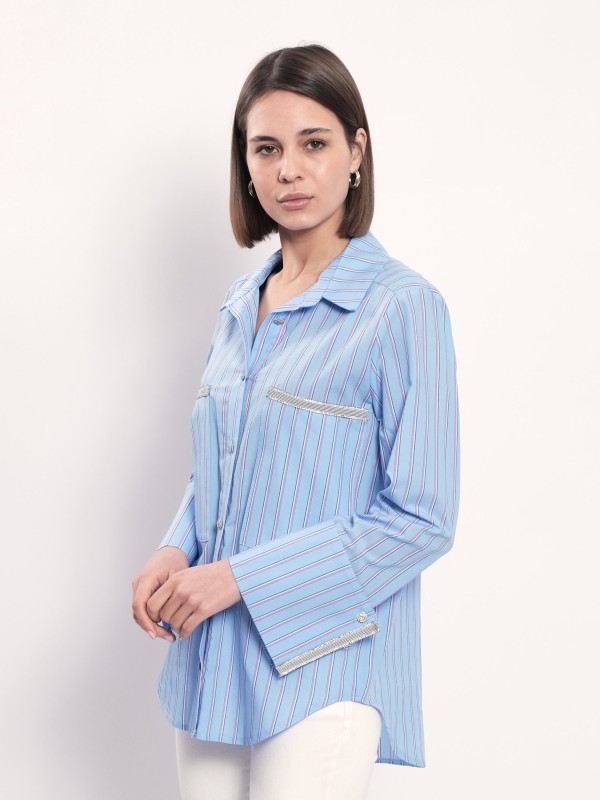Celia -Cotton Embellished Striped Shirt In Blue