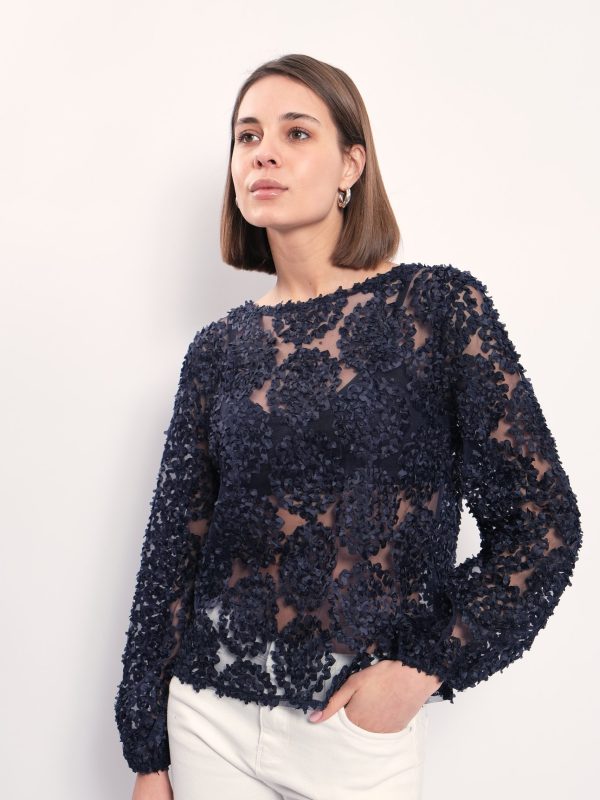 Mandy -Lace Trimmed Blouse In Navy