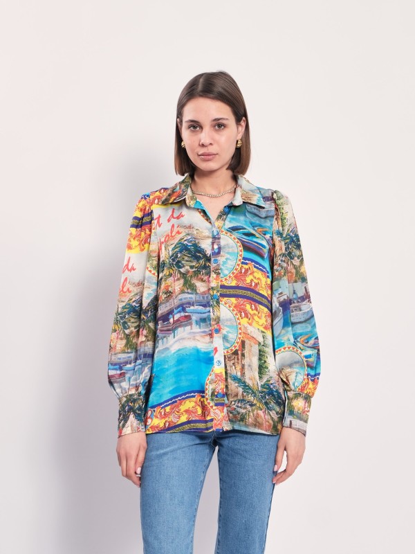 Livia -Printed Satin Blouse postcard in blue