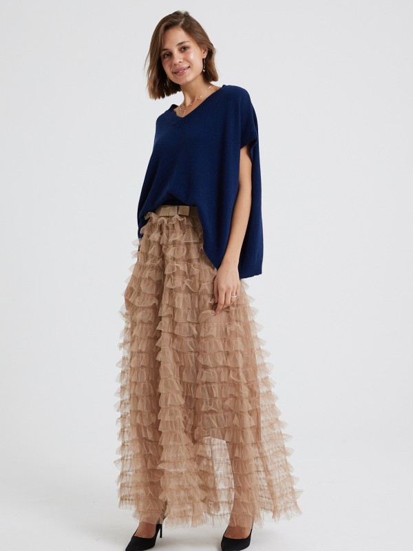Arianna Layered Tulle Skirt In Beige