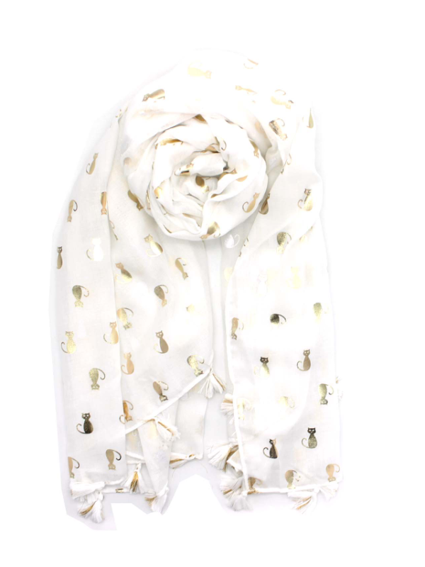 Cat - printed viscose scarf in white