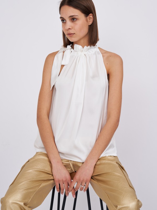 Abby - Satin Halterneck Top White