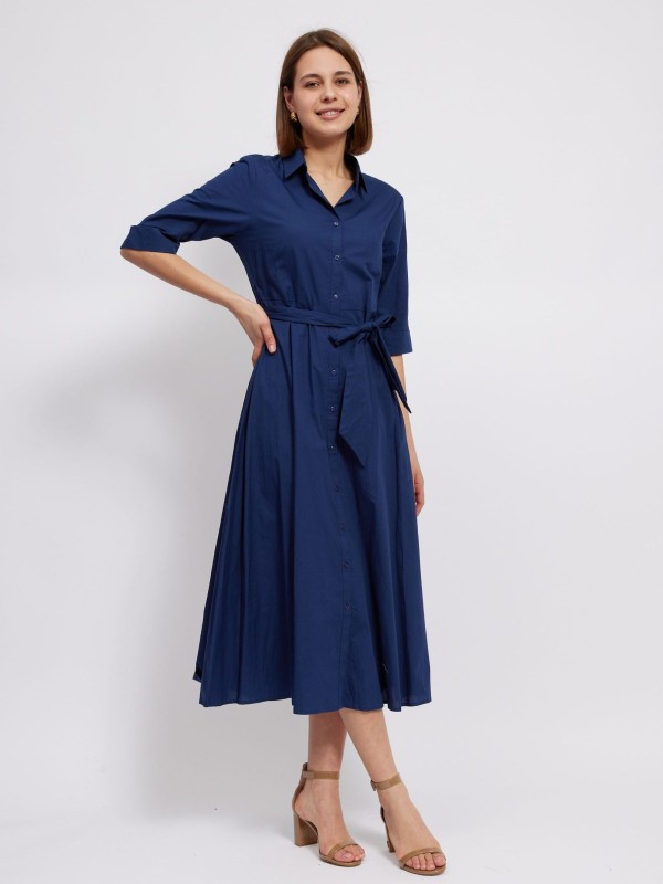 Destiny- cotton Shirt Dress In Navy