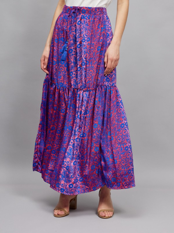 Gina -Tiered Floral Maxi Skirt In pink and blue