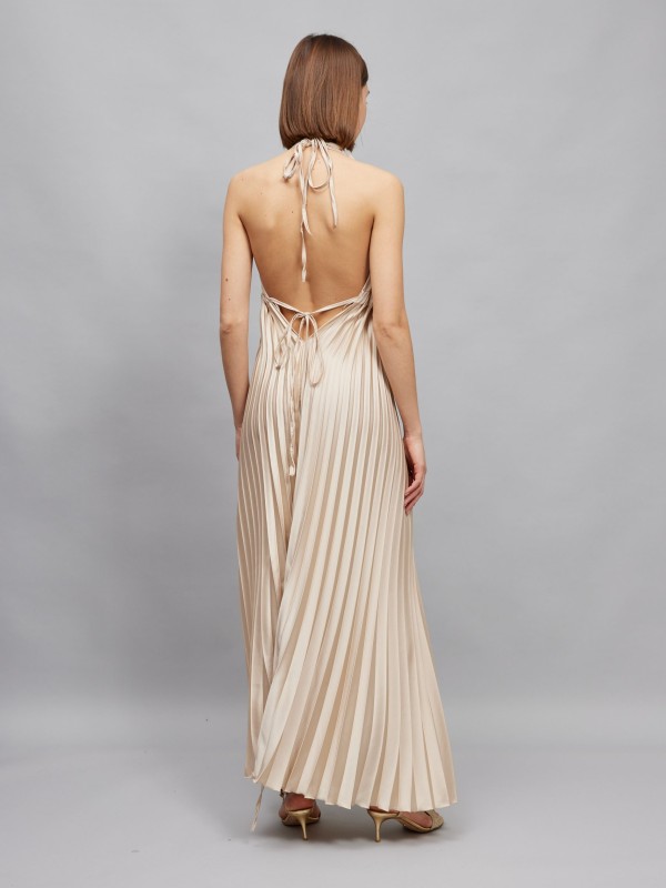 Gia -Plissé-satin Halterneck Maxi Dress In Champagne