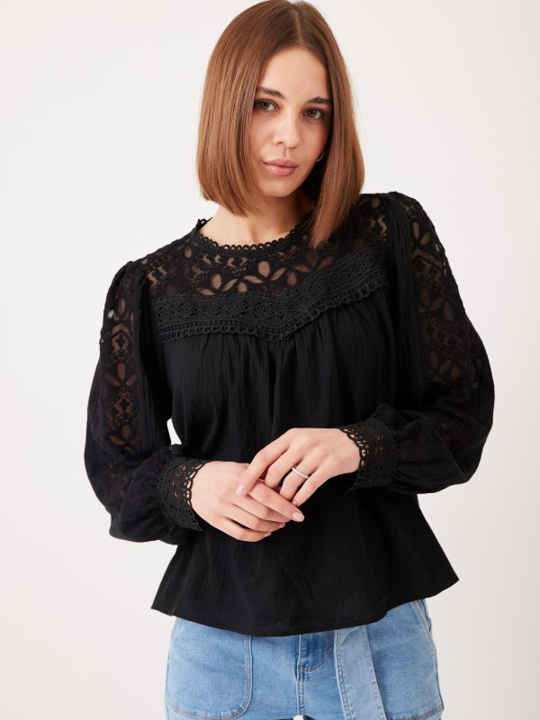 Madison -Lace Trimmed Cotton Blend Blouse In Black