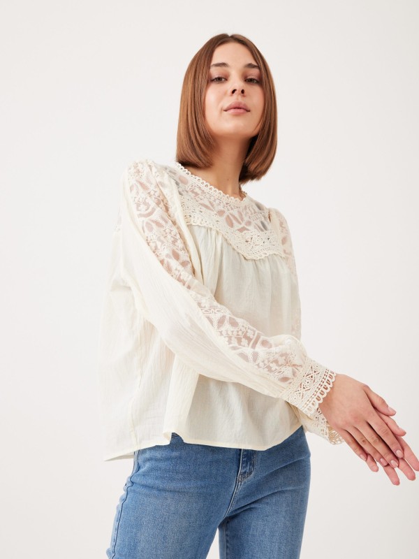 Madison -Lace Trimmed Cotton Blend Blouse In Cream