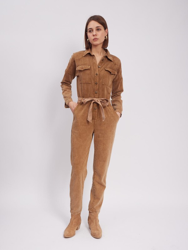 Jolly belted cotton-blend jumpsuit in tan