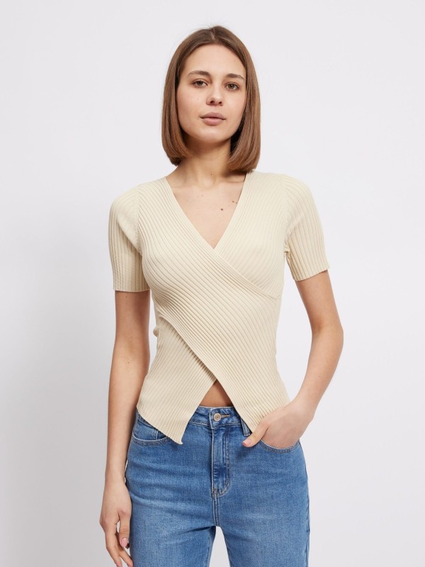 Harper - ribbed wrap top in beige