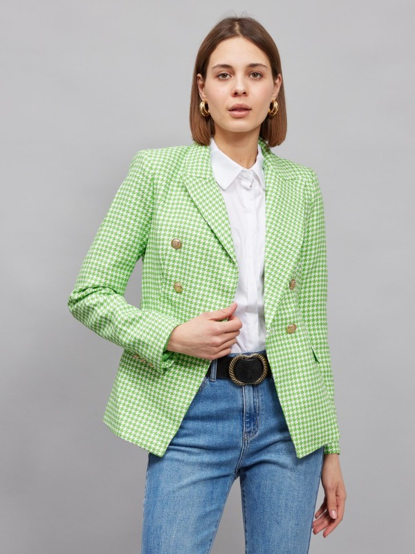 Abbey- Double breasted Houndstooth Blazer In Green