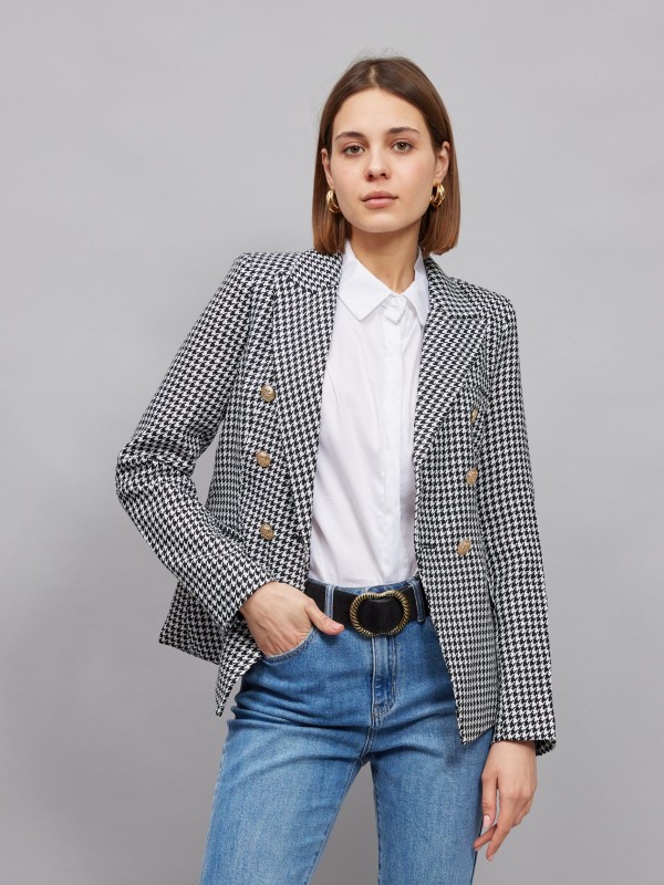 Abbey- Double breasted Houndstooth Blazer In bLACK