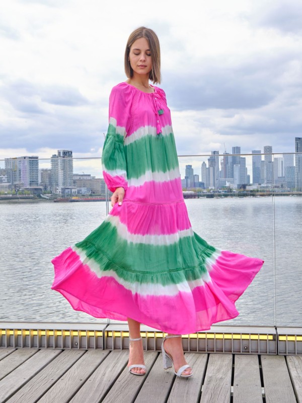Maya - Viscose Maxi Tie Dye Dress In Pink And Green