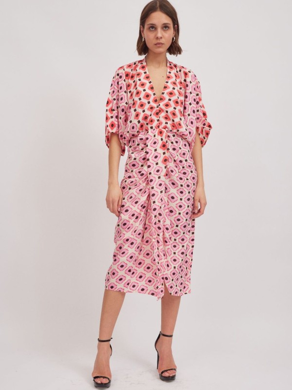 Denise- twist wrap midi dress with front split in pink mosaic