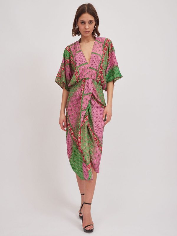 Denise- twist wrap midi dress with front split in purple and green