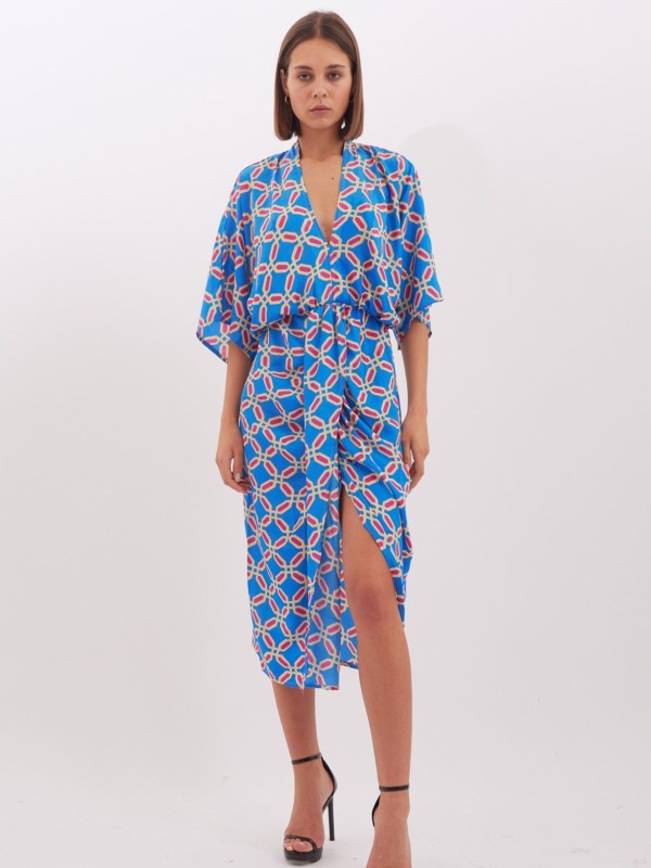 Denise- twist wrap midi dress with front split in blue diamond
